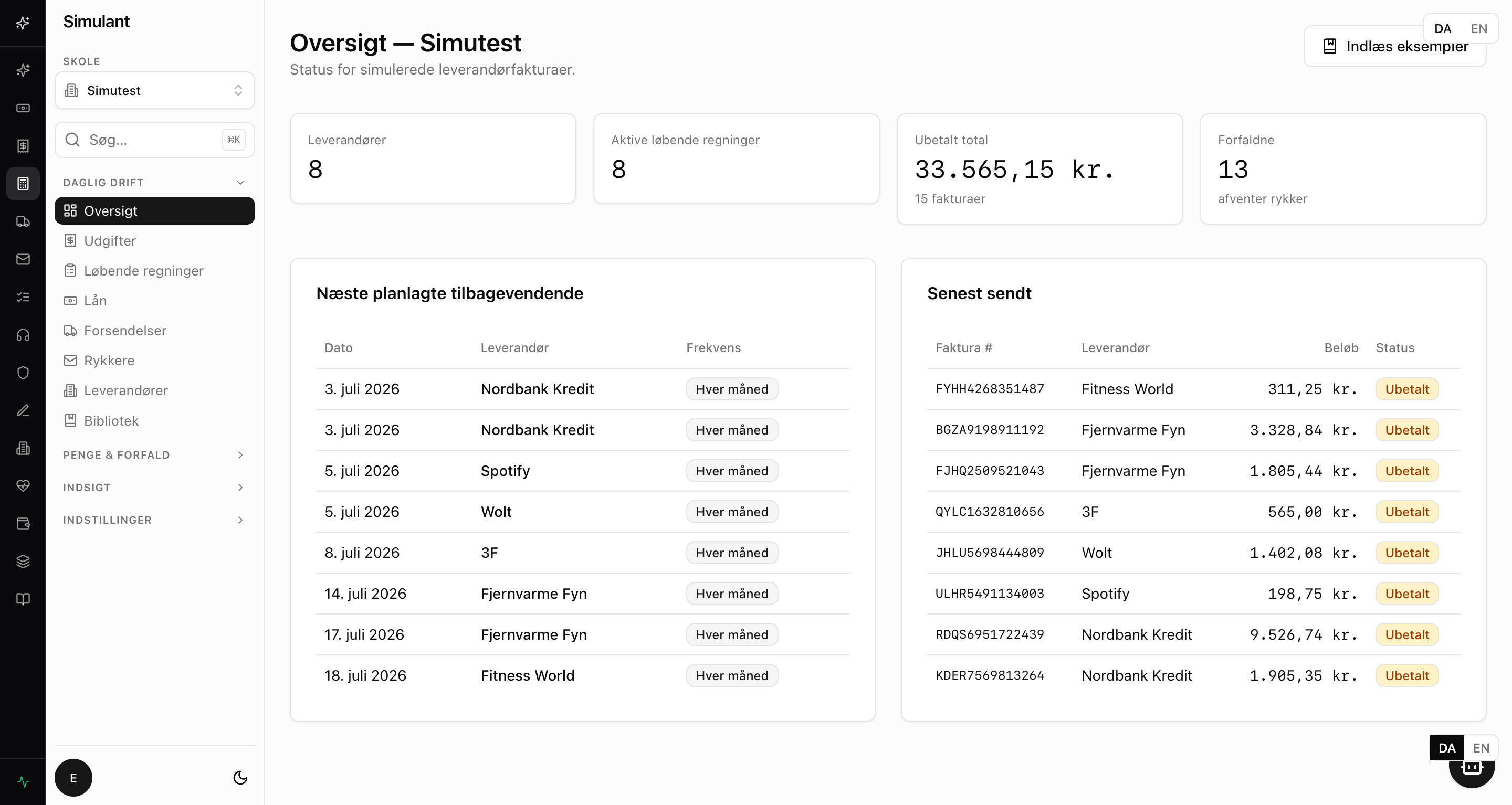 Bilag og kreditorer i Simulant
