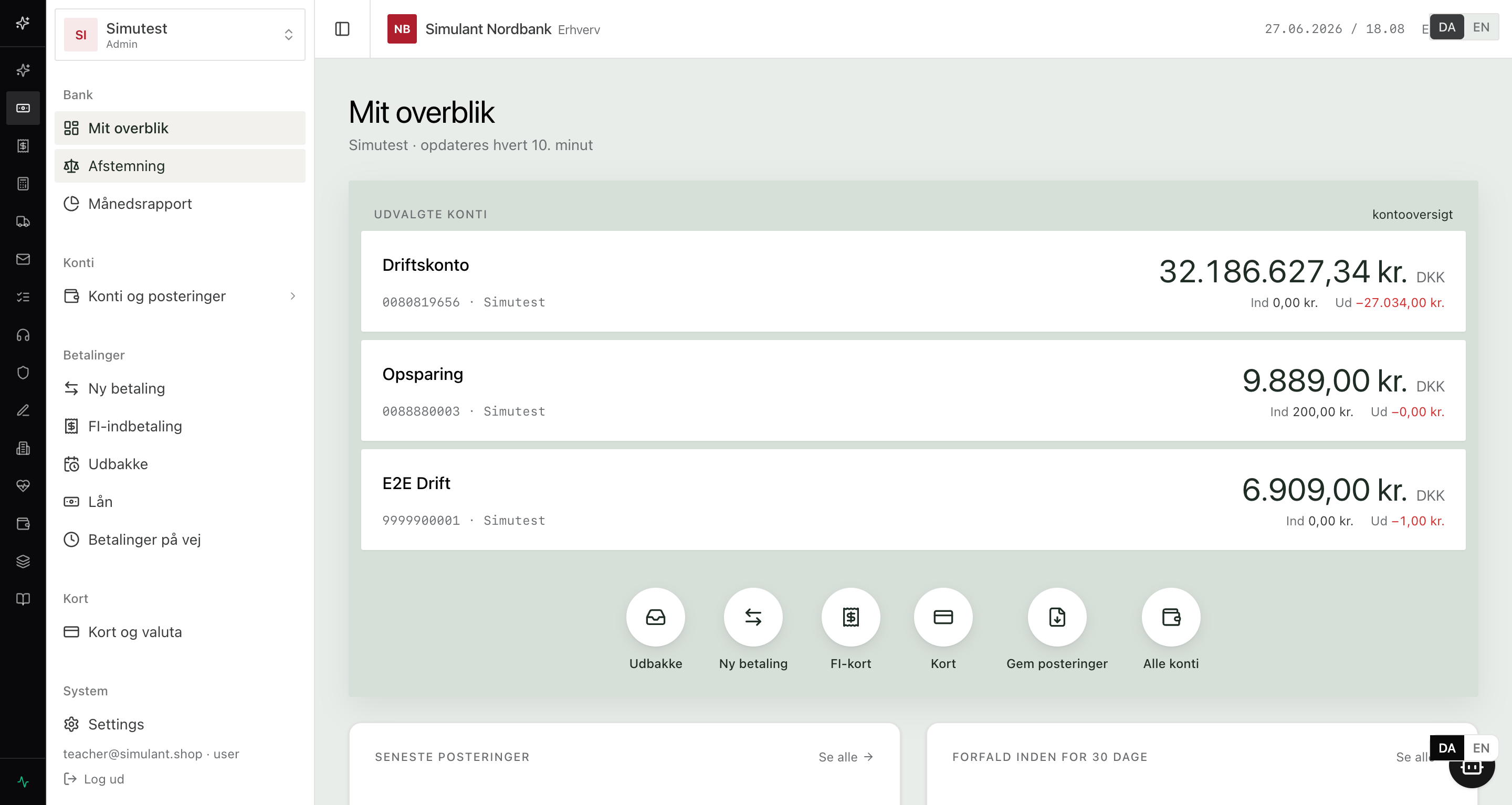 Kontooversigt og posteringer i Simulant Nordbank